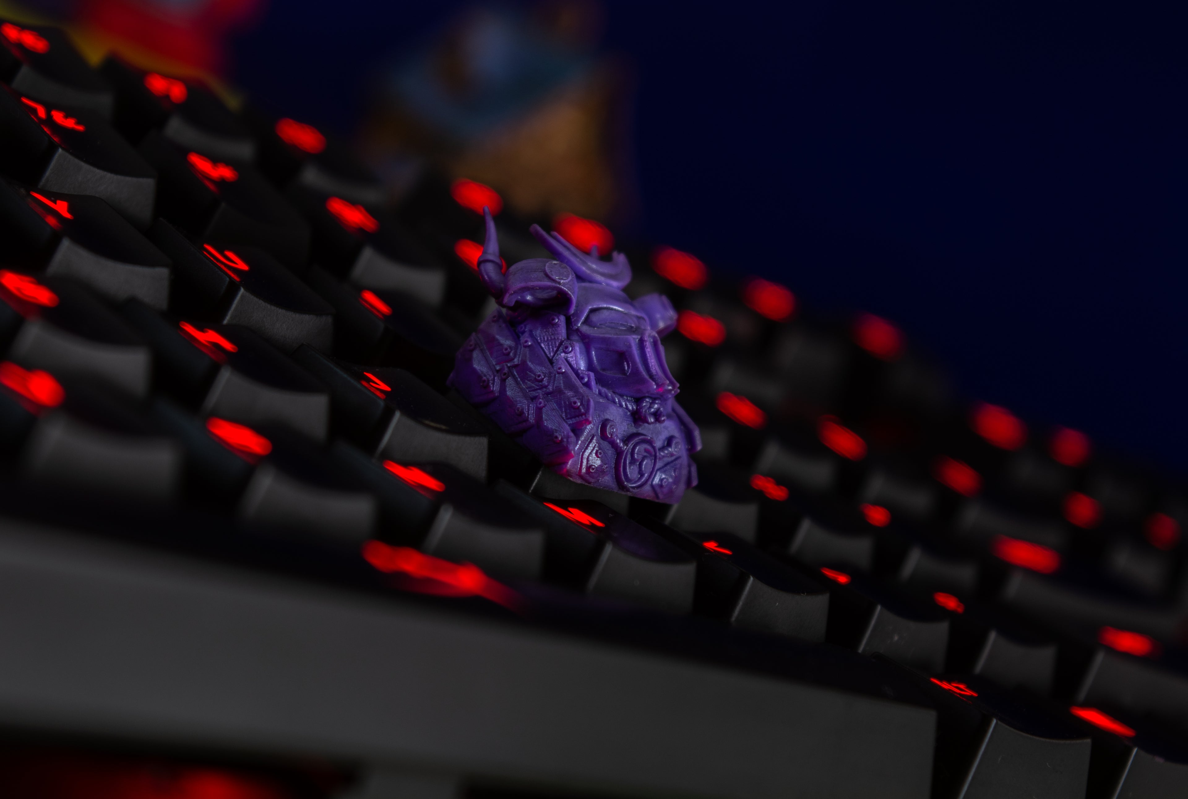Close up of a Purple samurai artisan keycap