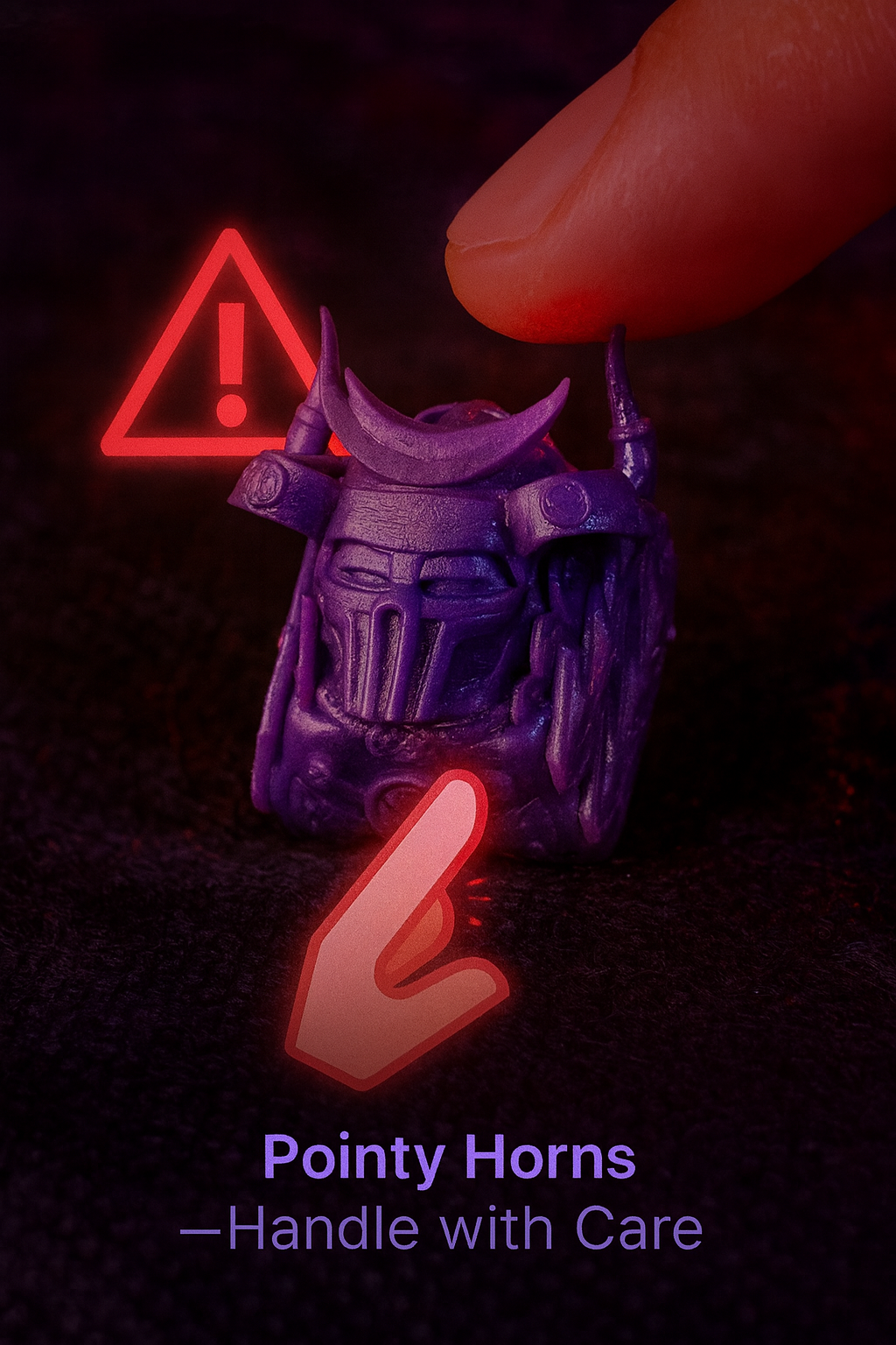 Purple samurai helmet artisan keycap with pointy horns, warning symbols, and text on a dark background